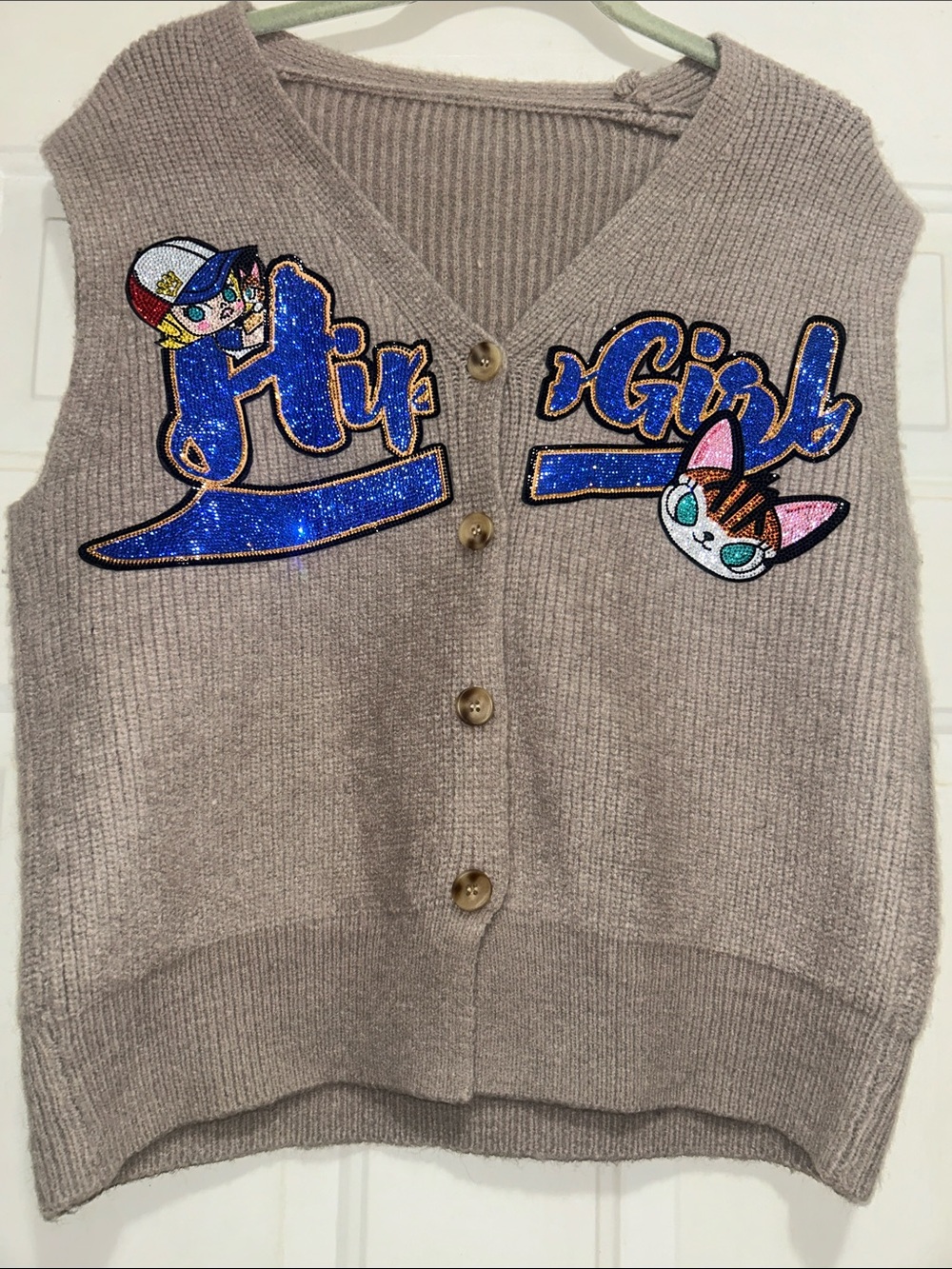 Sequin 'Hip Girl' Embroidered Knit Vest - Taupe Large NWOT